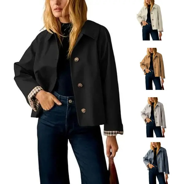 Women's Cropped Trench Coat | Classic Collar & Oversized Casual Jacket with Checkered Lining