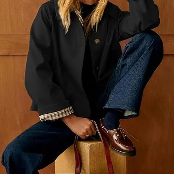 Women's Cropped Trench Coat | Classic Collar & Oversized Casual Jacket with Checkered Lining