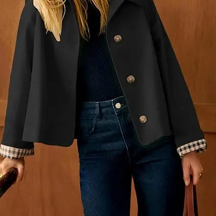 Women's Cropped Trench Coat | Classic Collar & Oversized Casual Jacket with Checkered Lining