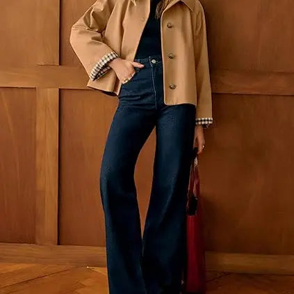 Women's Cropped Trench Coat | Classic Collar & Oversized Casual Jacket with Checkered Lining